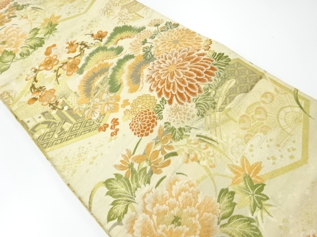 JAPANESE KIMONO / ANTIQUE MARU OBI / WOVEN KIKKO & FLORAL ROUNDEL CREST